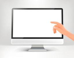 Modern laptop screen with hand pointing to the screen. Vector mockup with blank screen