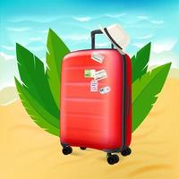 Red suitcase on sunny beach vector