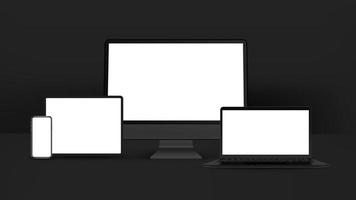 Black smartphone, tablet, personal computer, laptop isolated on white background. Realistic and detailed devices mockup vector