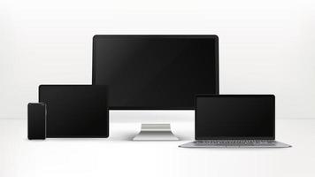 Smartphone, tablet, personal computer, laptop isolated on white background. Realistic and detailed devices mockup vector