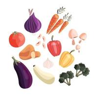 Collection of colorful fresh vegetables isolated on white background. Healthy organic produce. Vegan and vegetarian food. Hand drawn vector illustration.