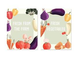 dos plantillas de carteles verticales con verduras orgánicas frescas y lugar para el texto. comida natural colorida dibujada a mano. ilustración vectorial. vector