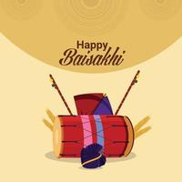 Happy vaisakhi flat design with vaisakhi drum and sikh turban vector