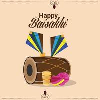 Flat design of happy vaisakhi vector illustration creative dhol and kite