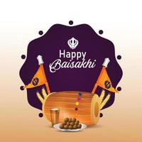 festival sij feliz vaisakhi con vector dhol con símbolo sij ek onkar, feliz celebración vaisakhi tarjeta de felicitación