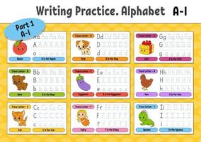 Writing letters. Set tracing page. Practice sheet. Worksheet for kids. Learn alphabet. Cute characters. Vector illustration. Cartoon style.