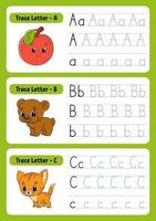 Writing letters. Tracing page. Practice sheet. Worksheet for kids. Exercise for preschools. Learn alphabet. Cute characters. Vector illustration. Cartoon style.