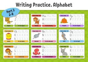 Writing letters. Set tracing page. Practice sheet. Worksheet for kids. Learn alphabet. Cute characters. Vector illustration. Cartoon style.