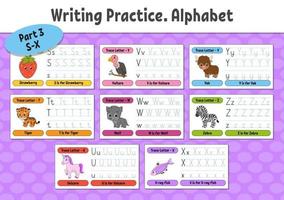 Writing letters. Set tracing page. Practice sheet. Worksheet for kids. Learn alphabet. Cute characters. Vector illustration. Cartoon style.