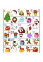 Christmas advent calendar with cute characters. Santa claus, deer, snowman, fir tree, snowflake, gift, bauble, sock. Cartoon style. With numbers 1 to 25. Vector illustration. Holiday preparation.