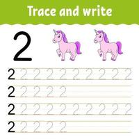 Learn Numbers. Trace and write. Handwriting practice. Learning numbers for kids. Education developing worksheet. Color activity page. Isolated vector illustration in cute cartoon style.