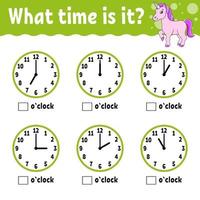 Learning time on the clock. Educational activity worksheet for kids and toddlers. Game for children. Simple flat isolated color vector illustration in cute cartoon style.