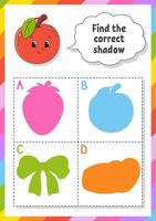 Find the correct shadow. Education developing worksheet. Matching game for kids. Color activity page. Puzzle for children. Cute character. Vector illustration. Cartoon style.