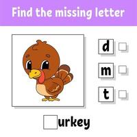 Find the missing letter. Education developing worksheet for kids. Activity page. Cartoon character. vector