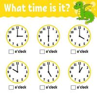 aprender el tiempo en el reloj. hoja de trabajo de actividades educativas para niños y niños pequeños. juego para niños. Ilustración de vector de color aislado plano simple en estilo de dibujos animados lindo.