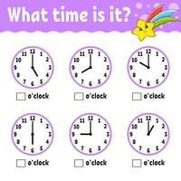 Learning time on the clock. Educational activity worksheet for kids and toddlers. Game for children. Simple flat isolated color vector illustration in cute cartoon style.