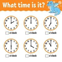 Learning time on the clock. Educational activity worksheet for kids and toddlers. Game for children. Simple flat isolated color vector illustration in cute cartoon style.