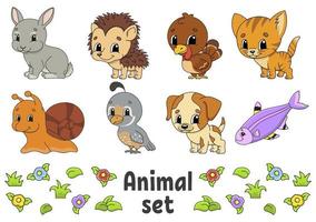 Set of stickers with cute cartoon characters. Animal clipart. Hand drawn. Colorful pack. Vector illustration. Patch badges collection. Label design elements. For daily planner, organizer, diary.