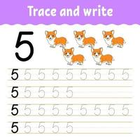 Learn Numbers. Trace and write. Handwriting practice. Learning numbers for kids. Education developing worksheet. Color activity page. Isolated vector illustration in cute cartoon style.