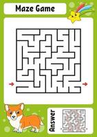 Square maze. Game for kids. Funny labyrinth. Education developing worksheet. Activity page. Puzzle for children. Cartoon style. Riddle for preschool. Logical conundrum. Color vector illustration.