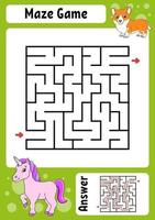 Square maze. Game for kids. Funny labyrinth. Education developing worksheet. Activity page. Puzzle for children. Cartoon style. Riddle for preschool. Logical conundrum. Color vector illustration.