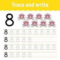 Learn Numbers. Trace and write. Handwriting practice. Learning numbers for kids. Education developing worksheet. Color activity page. Isolated vector illustration in cute cartoon style.