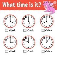 Learning time on the clock. Educational activity worksheet for kids and toddlers. Game for children. Simple flat isolated color vector illustration in cute cartoon style.