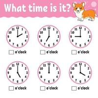 Learning time on the clock. Educational activity worksheet for kids and toddlers. Game for children. Simple flat isolated color vector illustration in cute cartoon style.