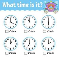 Learning time on the clock. Educational activity worksheet for kids and toddlers. Game for children. Simple flat isolated color vector illustration in cute cartoon style.