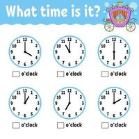 Learning time on the clock. Educational activity worksheet for kids and toddlers. Game for children. Simple flat isolated color vector illustration in cute cartoon style.