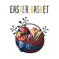 Vector illustrations on the Easter theme basket with chocolate colored eggs and spring flowers.