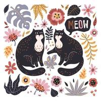 Vector flat hand drawn illustrations. Cute cats with plants and flowers.