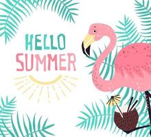 Vector cute flamingo with a tropical cocktail. Lettering Hello Summer.