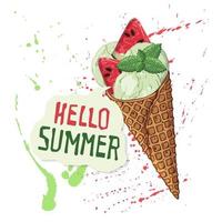 Vector Ice cream in waffle cones decorated with berries, chocolate or nuts.