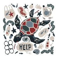 Vector flat hand drawn turtle surrounded by marine litter and waste.