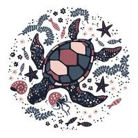 Vector flat hand drawn turtle surrounded by marine plants and animals.