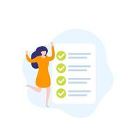 completed task, to do list, vector icon with woman and checklist