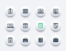 conjunto de iconos de oficina, documentos, informes, carpetas, correo, horario y fax vector