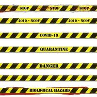 Restrictive stripes with the words quarantine, covid-19, danger and stop with shadow and blood splatter on a white background. vector