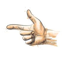 Hand gesture, finger Gun from a splash of watercolor, hand drawn sketch. Vector illustration of paints