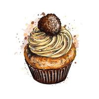Cupcake with cream from a splash of watercolor, hand drawn sketch. Vector illustration of paints