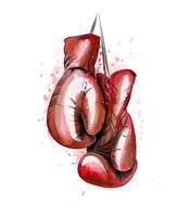 Hanging boxing gloves from a splash of watercolor, hand drawn sketch. Vector illustration of paints