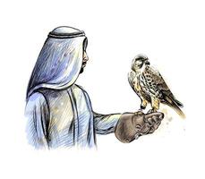 Arabian man with a falcon from a splash of watercolor, hand drawn sketch. Vector illustration of paints