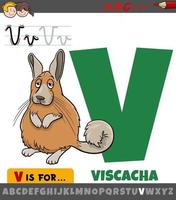 Letra v del alfabeto con personaje animal de vizcacha de dibujos animados vector