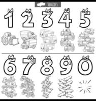 números educativos en blanco y negro con vehículos de dibujos animados vector