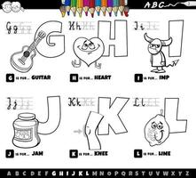 Letras del alfabeto de dibujos animados educativos establecidos de la g a la l página del libro de color vector