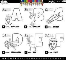 Conjunto de letras del alfabeto de dibujos animados educativos de la a a la f página del libro de color vector