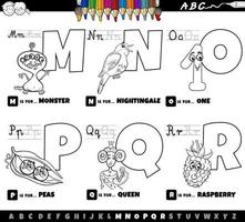 Letras del alfabeto de dibujos animados educativos establecidos de la m a la r página del libro de color vector