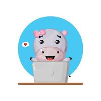 Cute hippo using a laptop vector