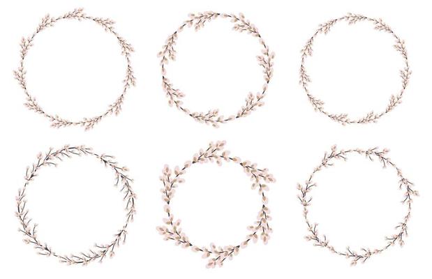 Willow wreath set. Easter round willow wreath.Vector flat illustration isolated on a white background.